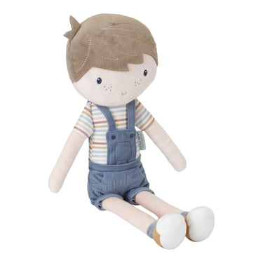 Große Stoffpuppe / Kuschelpuppe Jim groß (50cm) mit blauer Latzhose